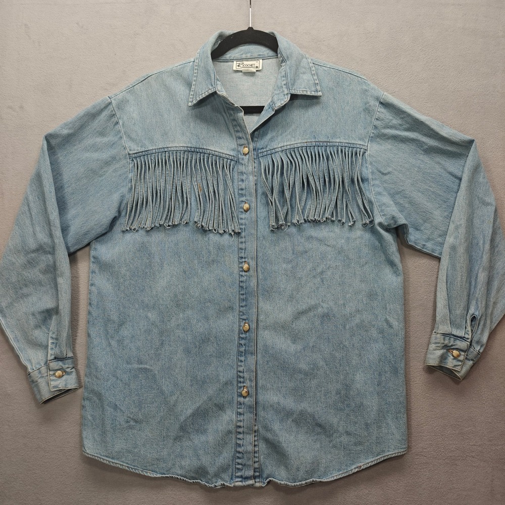 Vintage 90s Denim Button Front Fringe Top Womens S Country Western Rodeo Ranch